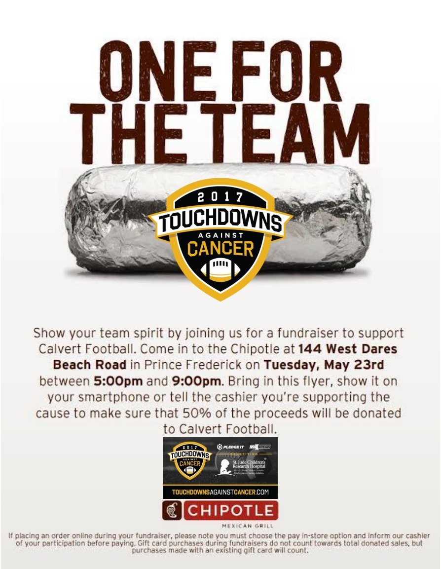 CalvertFootball's tweet image. Help Calvert Football raise resources for St Jude children's hospital. May 23rd 5-9PM, PF Chipotle. #TAC2017