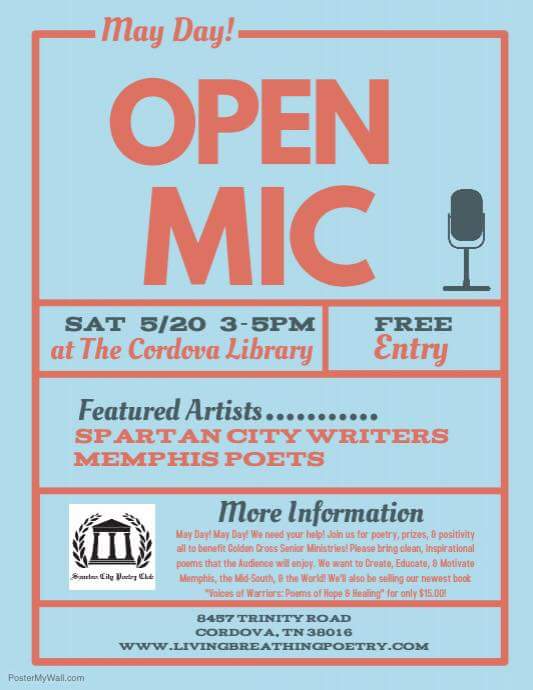 Come out to #MayDayOpenMic on May 20th from 3-5pm at the Cordova Branch Library. <a href="/MEM_Library/">Memphis Libraries</a> &amp; Thxs! <a href="/JLCPoetry/">Jessica L. Crenshaw</a> #BluffCityLive