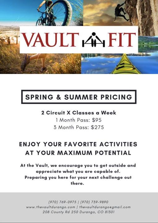VaultFit's tweet photo. We have new pricing options! enjoy your summer actives and workouts at the Vault! #Vaultfit #Durangofit https://t.co/LAyYtitAkK