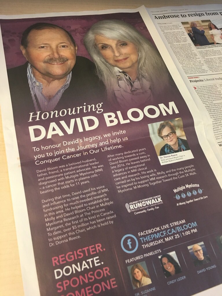 thePMCF's tweet photo. A full-page ad in today’s @globeandmail honours our friend David Bloom. Learn more at: https://t.co/1X7Z4E3I0J #ConquerCancer https://t.co/FnuJGeHkLP