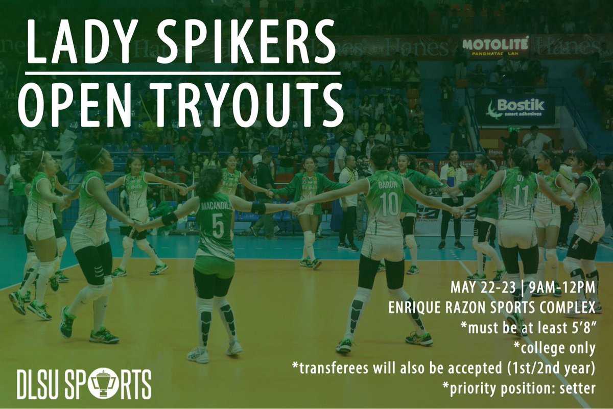 dlsusports's tweet photo. Do you have what it takes to be a Lady Spiker? The DLSU Women's Volleyball team will have open tryouts! See details below 💚
#GoLaSalle https://t.co/wWCLmG5Dzw