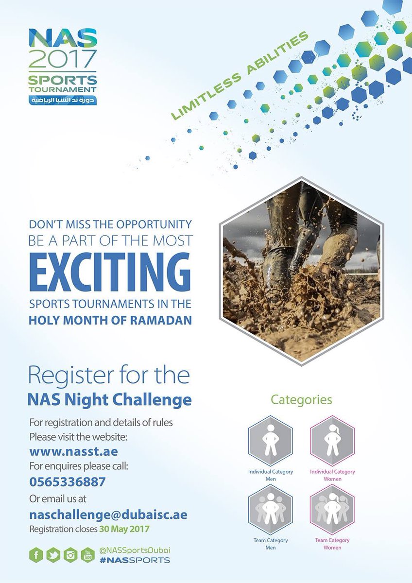 WeronicaLing's tweet photo. Up for a challenge? The NAS Night Challenge on the 1st and 2nd June.
Register on https://t.co/iFXp6HIuEb
#dubai #mydubai #sports #nasst #dwc https://t.co/UvjNY9paJj