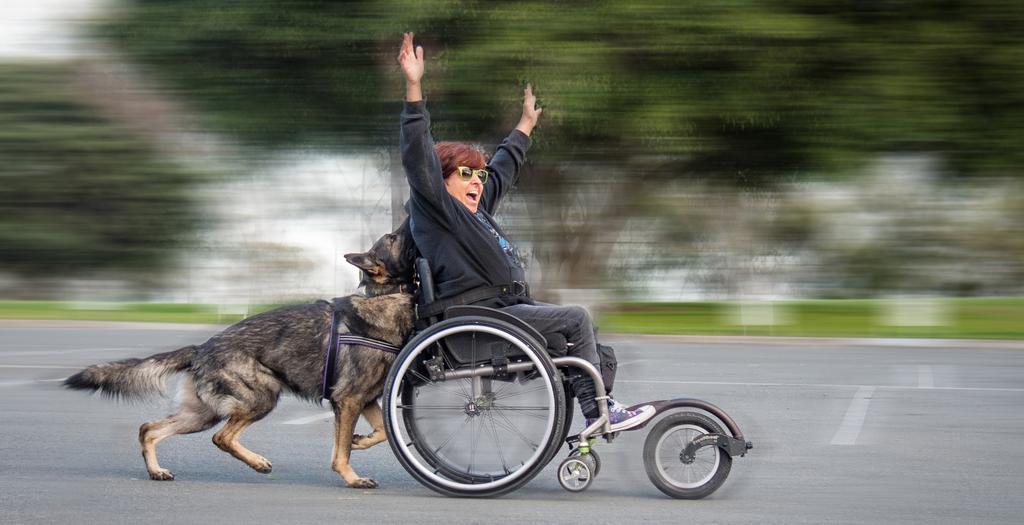 Her dog pushes her with the help of her Freewheel. Pure joy!