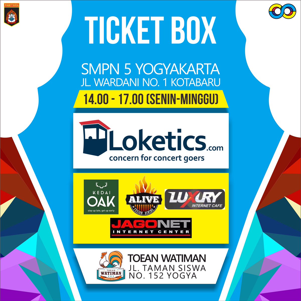 D-5 udah pada beli tiketnya beluum? 
Kalo belum, yuk beli tiketnyaa di depan SMP 5 atau bisa di ticket box lainnya😋😋 grab it fastt!!