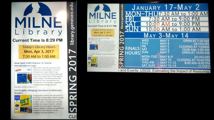 RootLeah's tweet image. @Milne_Library @SUNYGeneseo  now using #WordpressAPI to display posts on video displays, plus Library Hours custom #api  #wpapi #wp