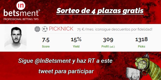 InBetsment's tweet photo. ¡Tenemos nuevo tipster y lo queremos celebrar con vosotros! Sorteamos 4 plazas del servicio de PickNick.

RT y follow antes del viernes 👇 https://t.co/Br7S3Cf5Nm