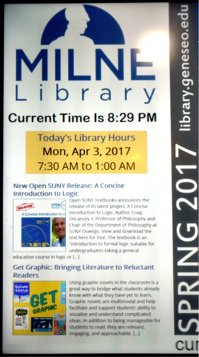 RootLeah's tweet image. Example of @Milne_Library @SUNYGeneseo using #WordpressAPI posts on video displays w/bonus Library Hours custom #api  #wpapi #wp