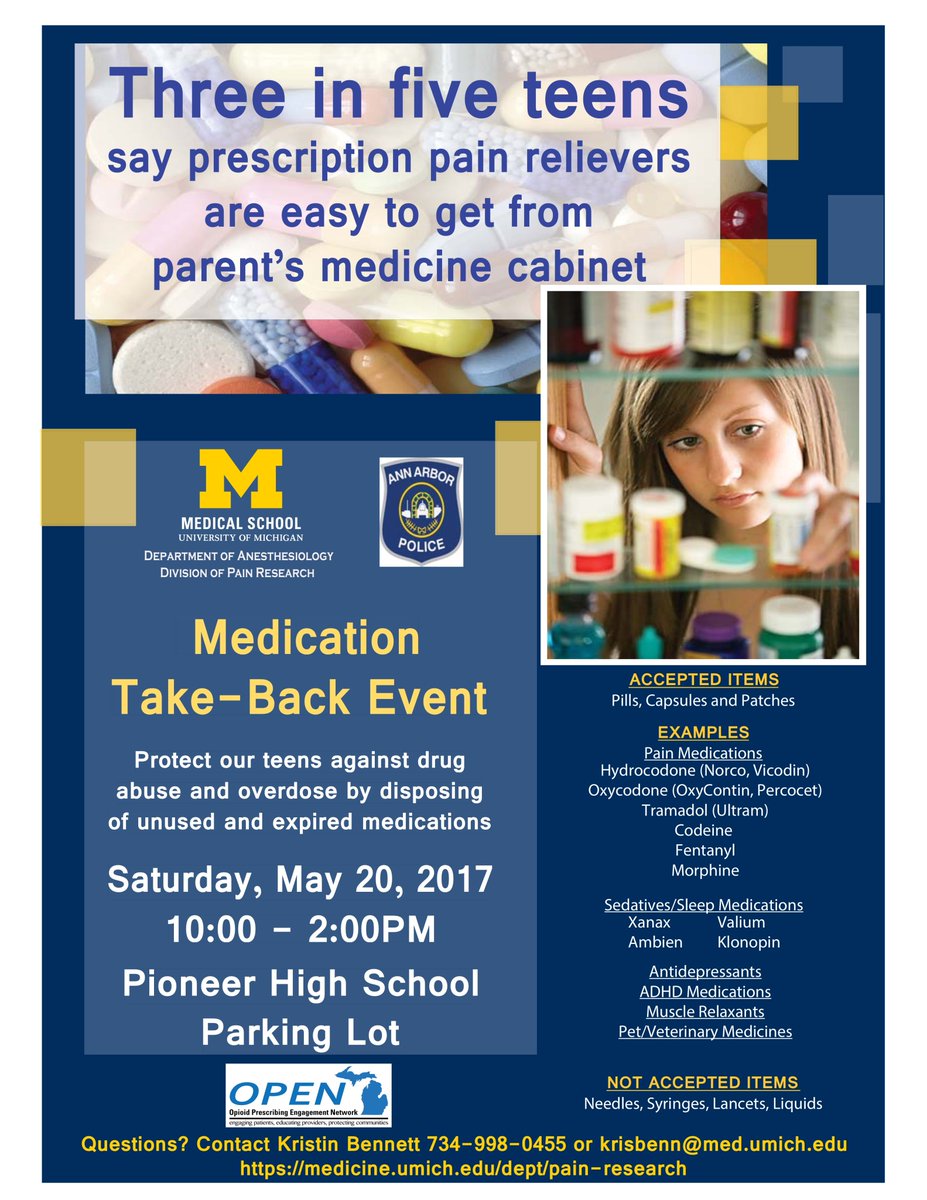 3 in 5 teens say prescription pain relievers are easy to get from their parent's medicine cabinet. #TakeBackEvent #SHSLearn #MGoBl