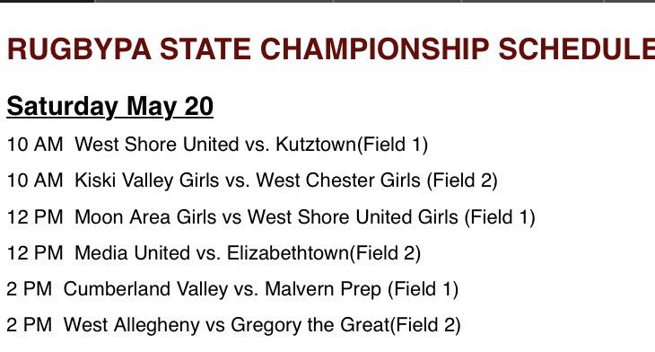 Official time and opponent for the <a href="/rugby_pa/">RugbyPA</a> semi-finals have been released! Media HS will take on <a href="/RugbyEtown/">E-Town Blues Rugby</a> this Saturday @ noon at CV!