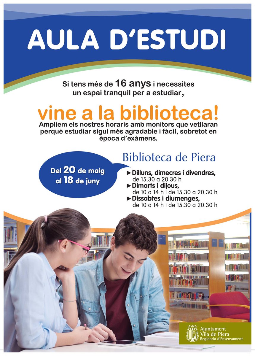 Recta final i  t'has de preparar els #Examens de juny o #Selectivitat? A #Piera habilitem una #auladestudi x aquets dies a #BibliotecaPiera