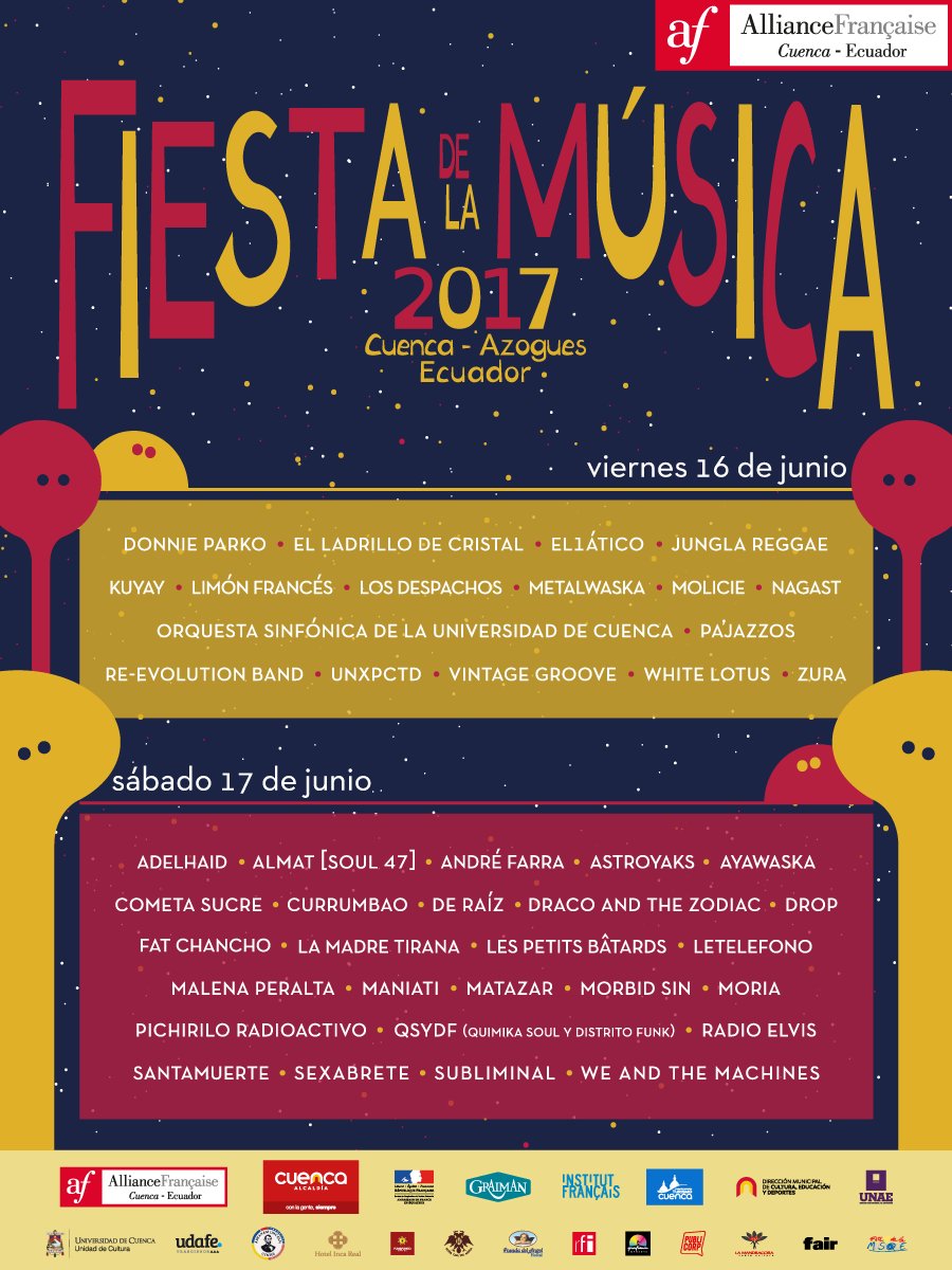 Cuenca por fin! estaremos tocando en la FIESTA DE LA MUSICA en el escenario principal a las 22:00 gracias a la <a href="/AF_Cuenca/">AF Cuenca Ecuador</a>