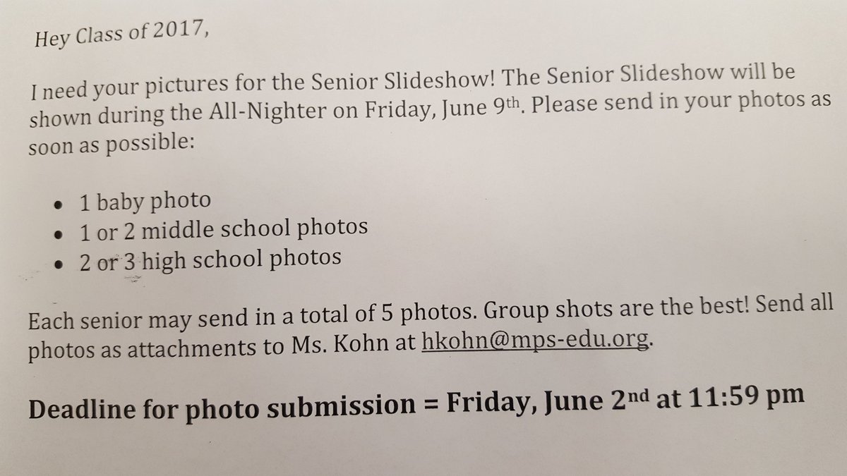 belisleMHS's tweet photo. @MHS__2017 Hey SENIORS! This is YOUR slideshow! Submit photos to Ms. Kohn. #memories https://t.co/H3kxwAzHvi