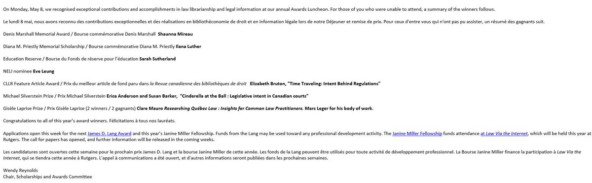 CALLACBD's tweet photo. At #CALLACBD2017, we recognised exceptional contributions in law librarianship at our Awards Luncheon. Here is a summary of the winners. https://t.co/uDJKmN8cU3