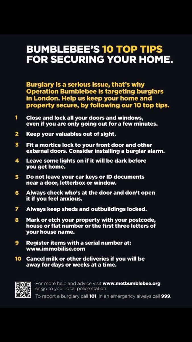 MPSElthampark's tweet photo. No overnight burglaries reported on the ward. Here are some handy tips to keep your property secure #operationbumblebee #homesecurity https://t.co/SHk1NOQvmc