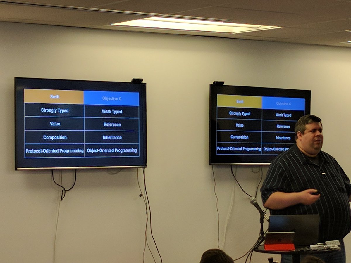 GDGPhiladelphia's tweet photo. @zorn with a great comparison between swift and objective c!! @phillycocoa @androidphilly #PTW2017 https://t.co/DqteJKJVRs