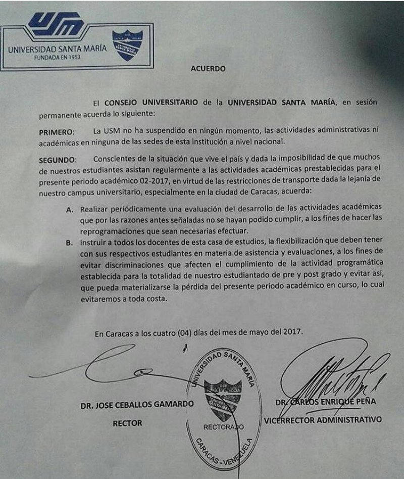 USMRep's tweet photo. Comunicado de las autoridades de la #USM. ACUERDO ☝☝☝☝☝☝☝☝ https://t.co/FOfY3D0Cm0