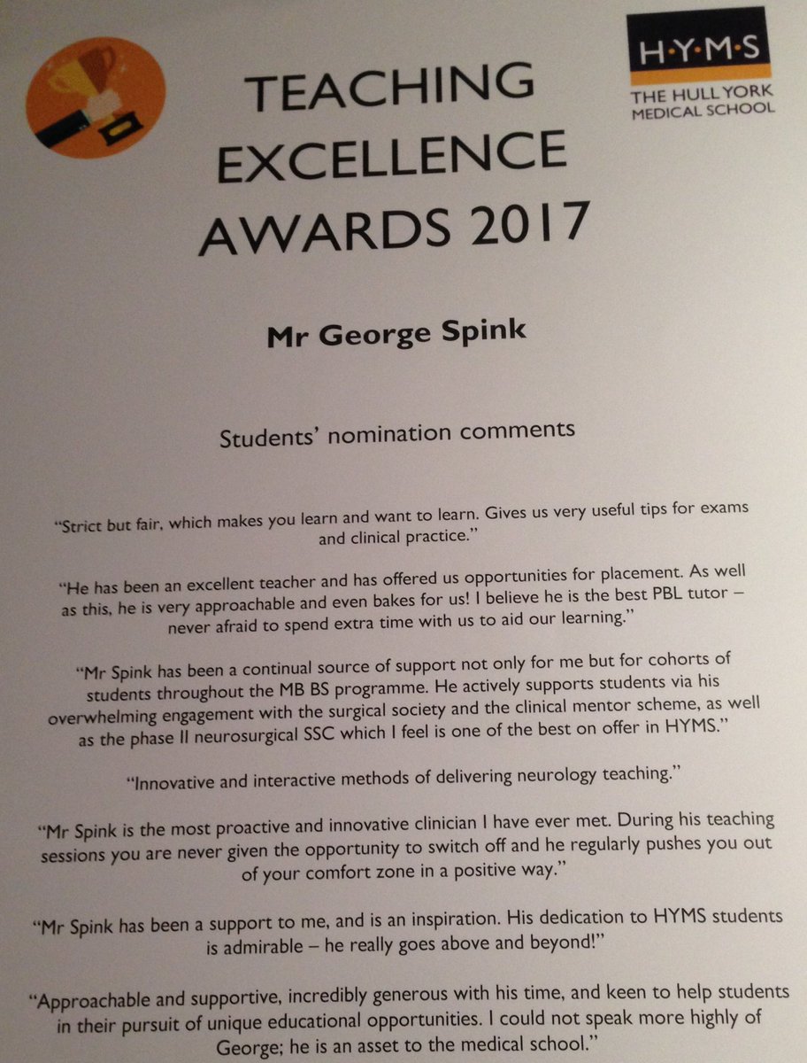 George Spink 💙 (@heyneurosurgeon) on Twitter photo 1000th tweet
#HYMSAwards Great celebration of local excellence in teaching. Humbled to be a double winner tonight. #thankyou <a href="/HullYorkMed/">Hull York Medical School</a> 1000th tweet
#HYMSAwards Great celebration of local excellence in teaching. Humbled to be a double winner tonight. #thankyou <a href="/HullYorkMed/">Hull York Medical School</a>