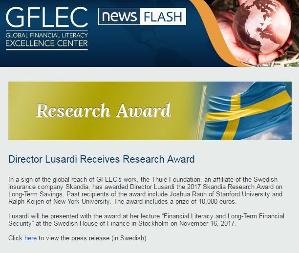Dr_AnnaLusardi's tweet photo. It is an honor to receive the 2017 Skandia Research Award on Long-Term Savings from the Thule Foundation! https://t.co/I36eHhXUG4 https://t.co/MfLMzJbefC
