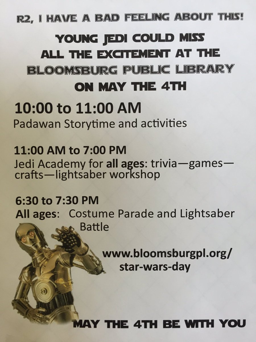 Bloom_Library's tweet photo. Come celebrate #StarWarsDay at the library all day today! All Jedi and Sith welcome. #MayTheFourthBeWithYou https://t.co/t8blBxNfPu