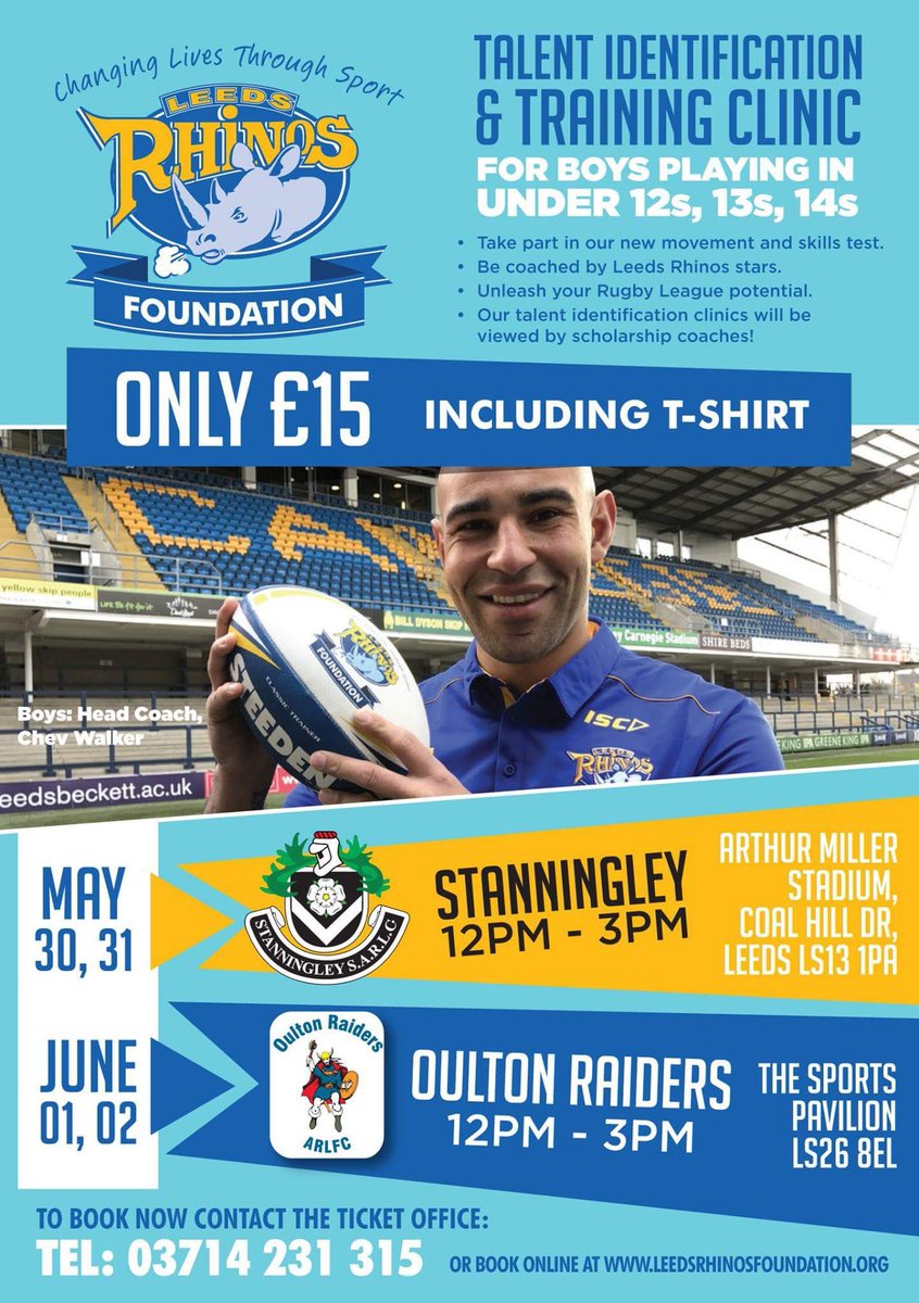 Leeds Rhinos Foundation (@rugbyleeds) on Twitter photo At half term <a href="/chevwalker/">chev walker</a> will be leading our Talent ID & Training clinics. Visit tickets.therhinos.co.uk to book on the 2 day camps for £15 At half term <a href="/chevwalker/">chev walker</a> will be leading our Talent ID & Training clinics. Visit tickets.therhinos.co.uk to book on the 2 day camps for £15