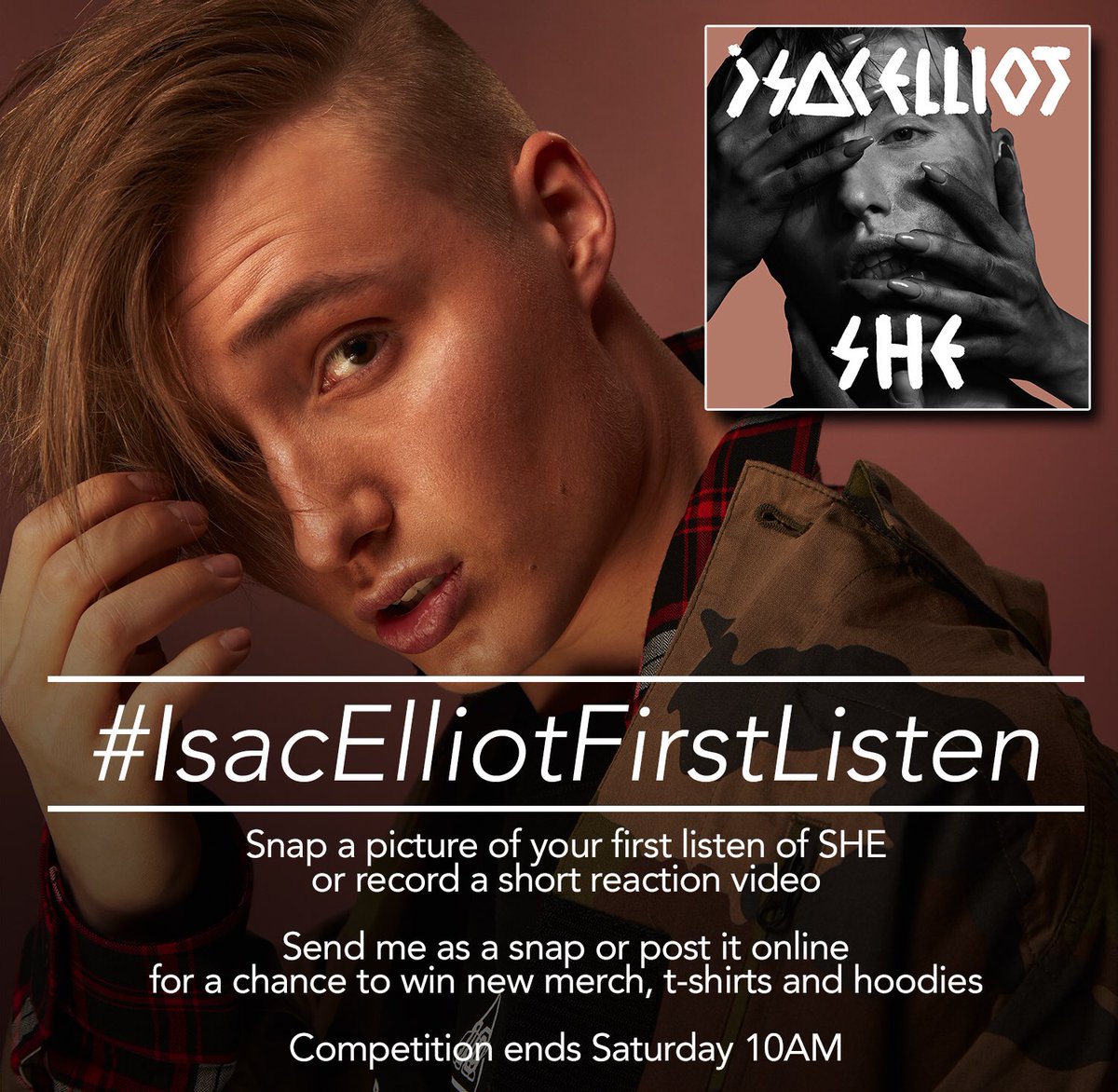 IsacElliot's tweet photo. Wanna win new t-shirts and hoodies? There will be a #isacelliotFIRSTLISTEN competition. INFO IN PIC https://t.co/lSgOfvKaQq