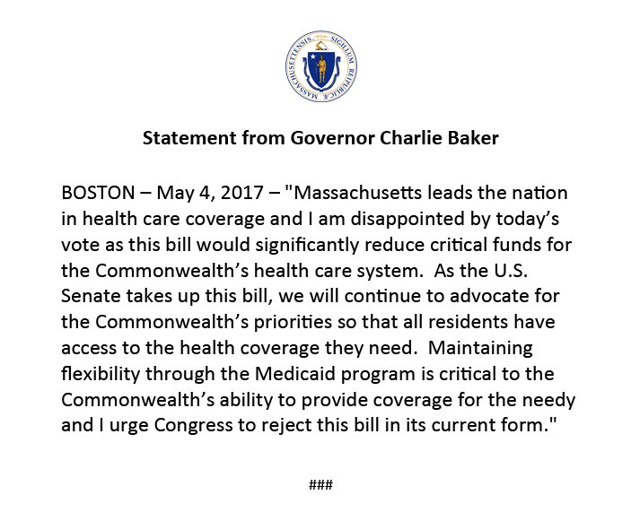 Governor Baker's statement on the passage of the American Health Care Act by the U.S. House of Representatives.