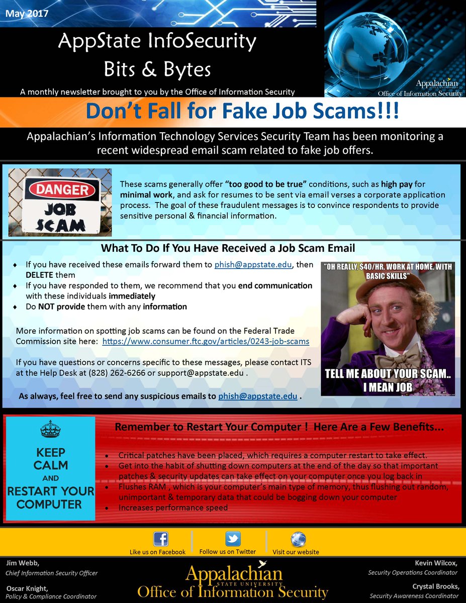 appinfosec's tweet image. Don&apos;t Fall for Fake Job Scams!!!  Check out the May 2017 newsletter to learn more.
security.appstate.edu/sites/security…