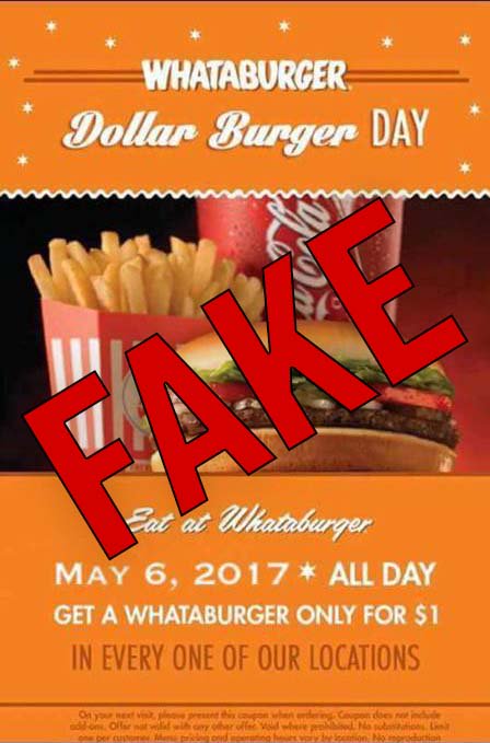 Whataburger's tweet photo. This coupon being circulated on social media is fake, and is not associated with Whataburger in any way.  Sorry for the confusion. https://t.co/d0YBb1i1c3