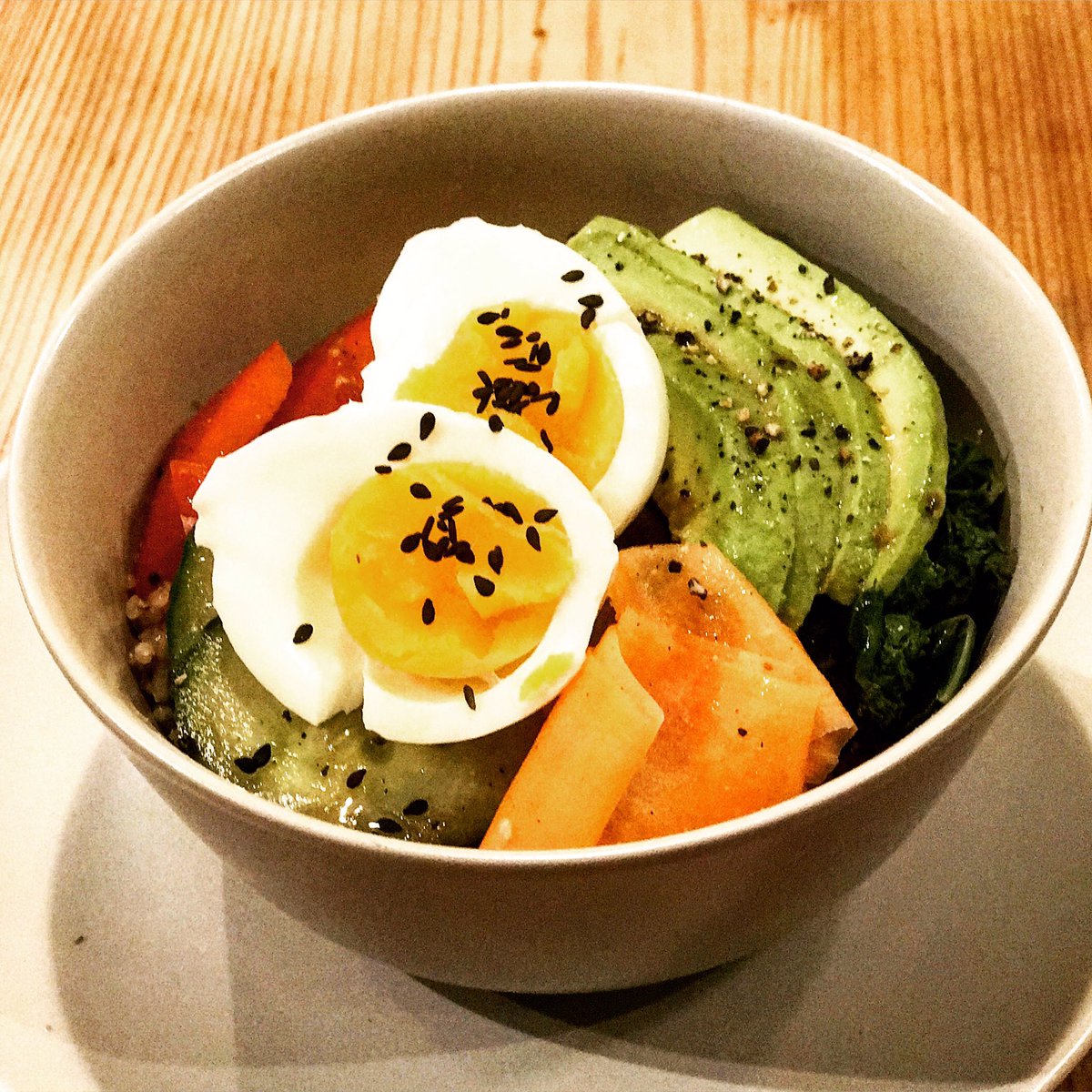 Quinoa-Rice Bowl with Avo &amp; Eggs is today's lunch feature. Perfect for the first warm day of the year! #lunch #koffievancouver #yummy #local