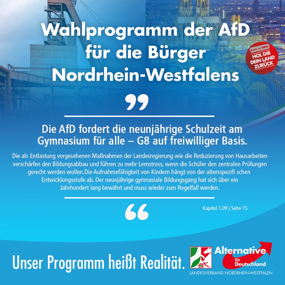 AlternativeNRW's tweet photo. Zum Thema #Bildung wichtig: #AfD fordert G9 am Gymnasium für alle! G8 auf freiwilliger Basis. #Wahlarena #Ltw17 #NRW #ltnrw #blauistschoener https://t.co/zT5ZyHTi6i