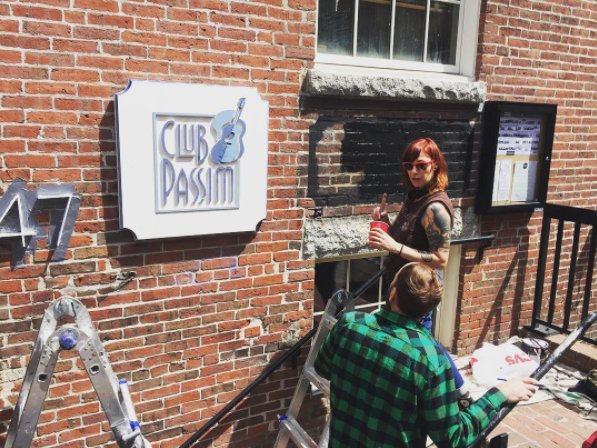 clubpassim's tweet photo. Old sign on the left, new sign being painted on the right! #harvardsquare #CambMA #springrenovations #paintedsign https://t.co/5fwLOTA1i7