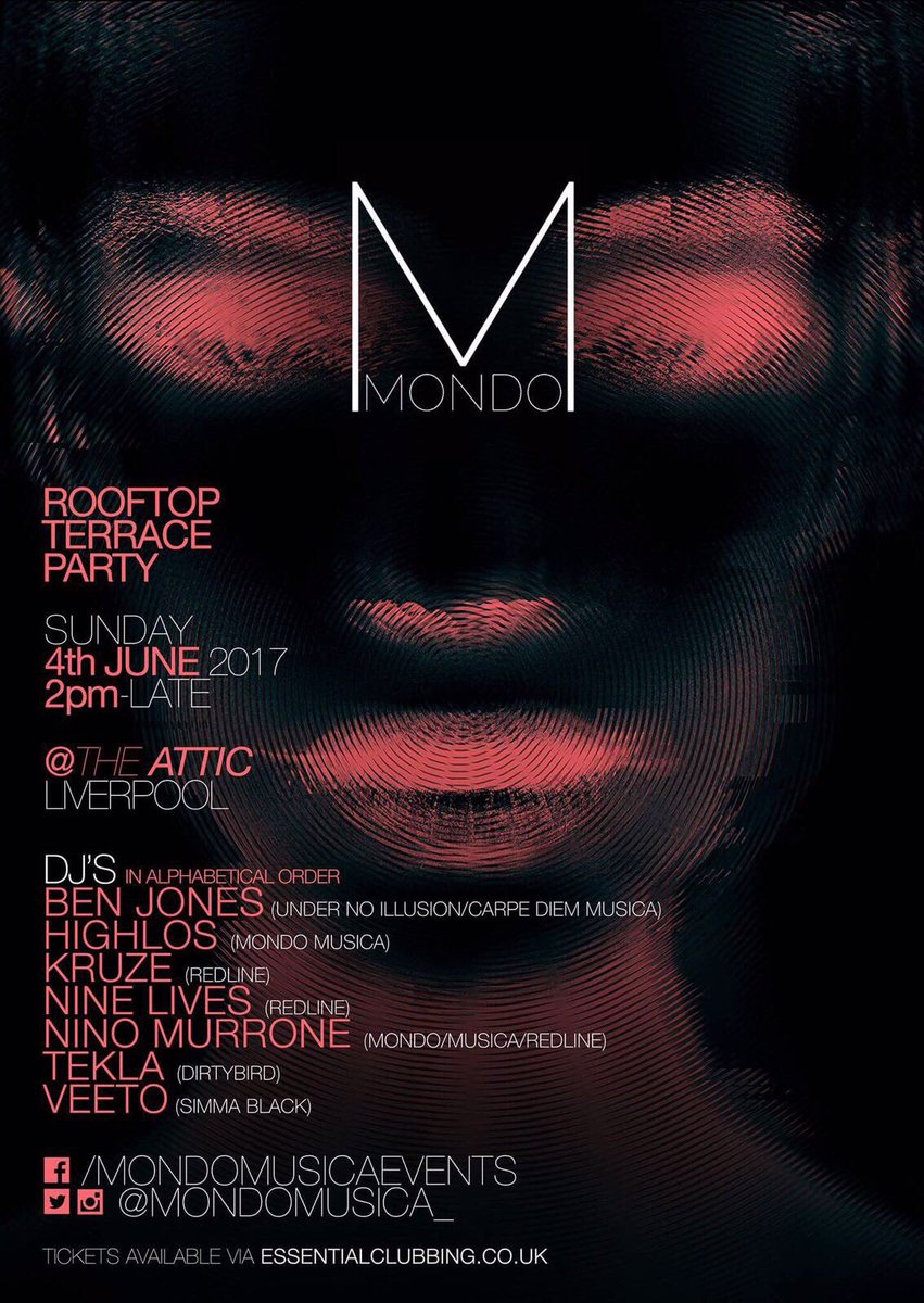 The Rooftop Terrace Party @ <a href="/AtticLiverpool/">The Attic Liverpool</a> 

Sunday 4th June

2pm - Late

Tickets:
https:/ essentialclubbing.co.uk/mondo

#Techno #TechHouse