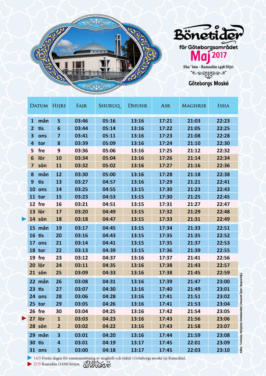 Bönetider för Göteborgsområdet Maj 2017