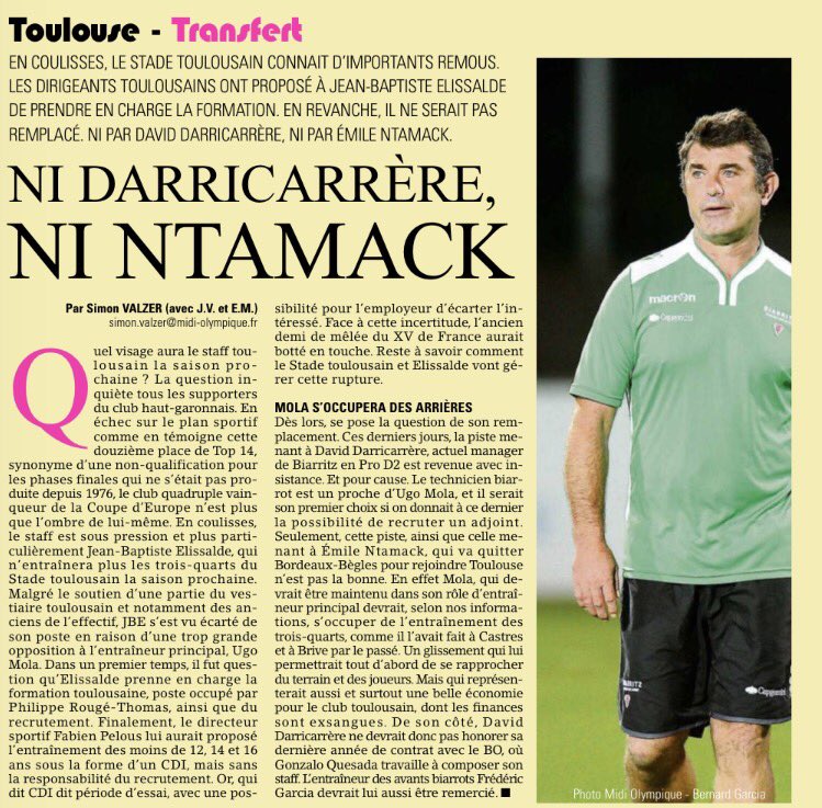 StadeToulouse's tweet photo. "Ni Darricarrère, ni Ntamack" ce serait Ugo Mola l'entraîneur des arrières l'année prochaine. #StadeToulousain #Rugby https://t.co/4YHRB8ffR4