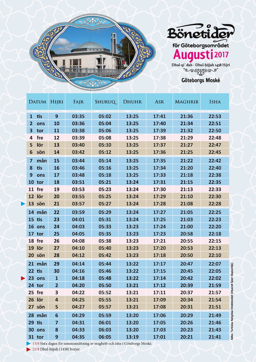 Bönetider för Göteborgsområdet Juni, Juli, Augusti. 2017