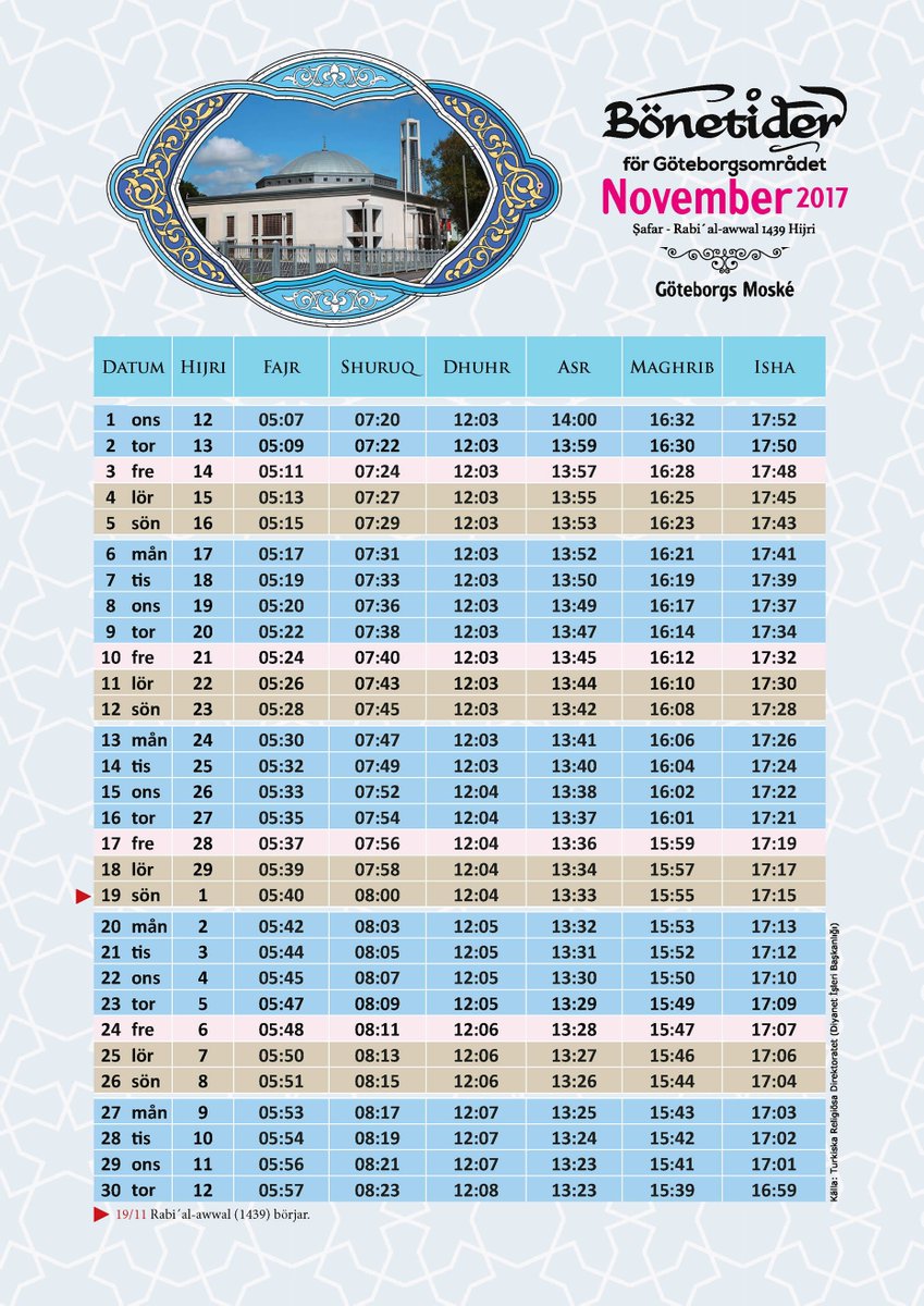 Bönetider för Göteborgsområdet September, Oktober, November 2017