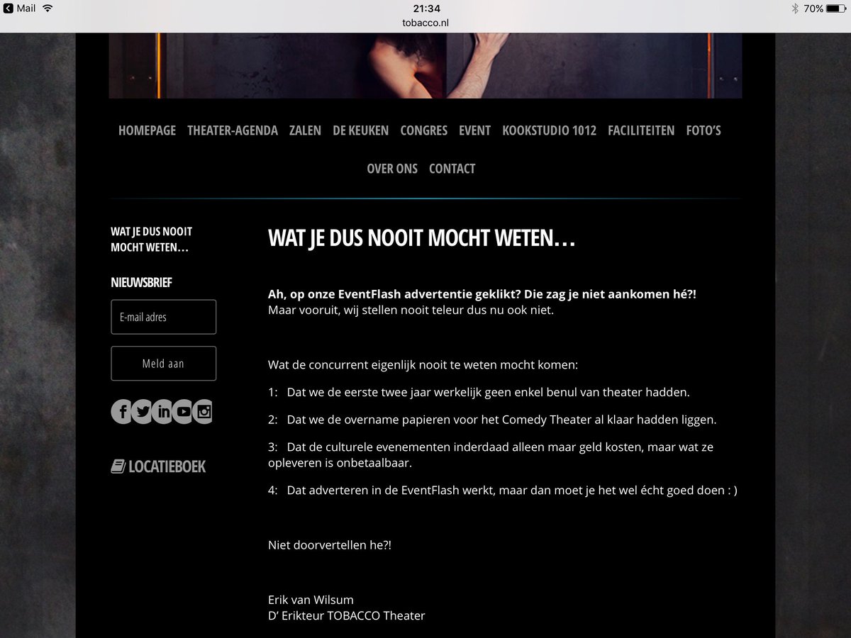 High Profile Events (@events_nl) on Twitter photo Klik je op een banner in onze #EventFlash vandaag, kom je op deze pagina van <a href="/TOBACCOTheater/">TOBACCO Theater</a>! tobacco.nl/watjedusnooitm… Klik je op een banner in onze #EventFlash vandaag, kom je op deze pagina van <a href="/TOBACCOTheater/">TOBACCO Theater</a>! tobacco.nl/watjedusnooitm…