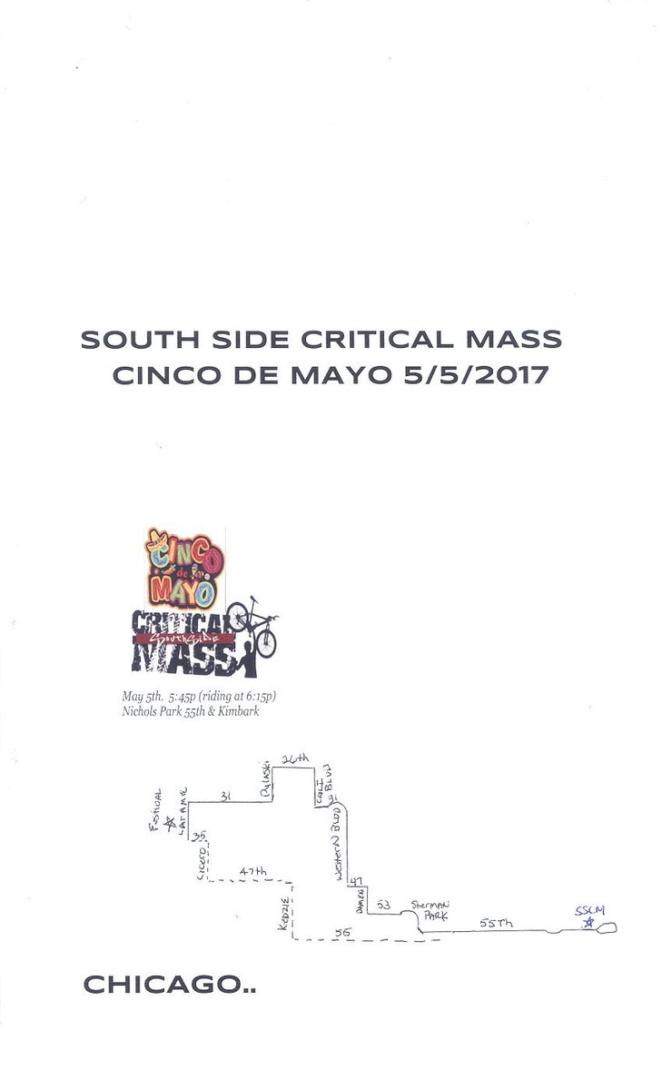 SSCritMass's tweet photo. Here is the map for tomorrow's ride to Cicero Community Park. We leave from Nichols Park on 55th & Kimbark at 6:00 P.M. #sscritmass #bikechi https://t.co/GlDPRXxHLZ