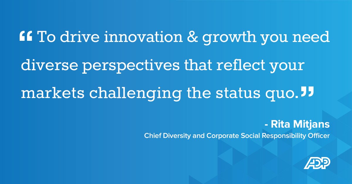 ADP's tweet photo. .@RitaMitjans, @ADP’s Chief Diversity Officer, shares 5 ways to put #diversity and inclusion into action: https://t.co/tAAtEe8pU7 https://t.co/KFLF2uwoeM