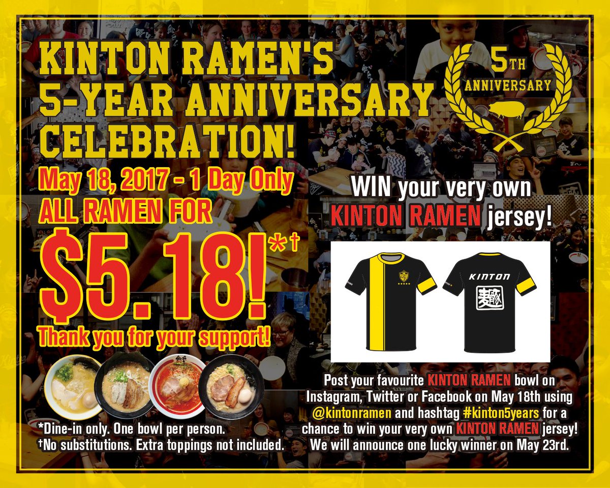 KintonRamen's tweet photo. Mark your calendars because KINTON RAMEN will be turning FIVE on Thursday, May 18th! 🎂🎉🎏 And for one day only, ALL RAMEN WILL BE $5.18 🍜🤗 https://t.co/OrcfLf5RVf