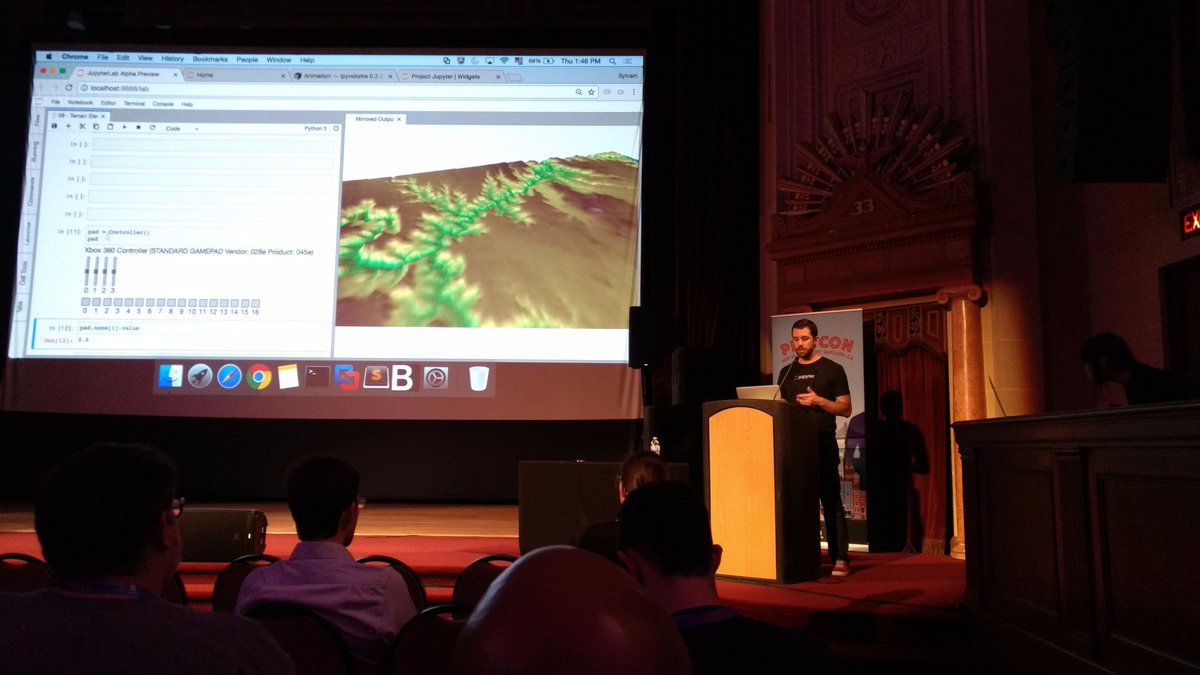 SylvainCorlay's tweet photo. Exploring the depths of the Grand Canyon in @ProjectJupyter with #pythreejs, a game controller and Jupyter interactive widgets at #PlotCon. https://t.co/C93YYtx8Ef