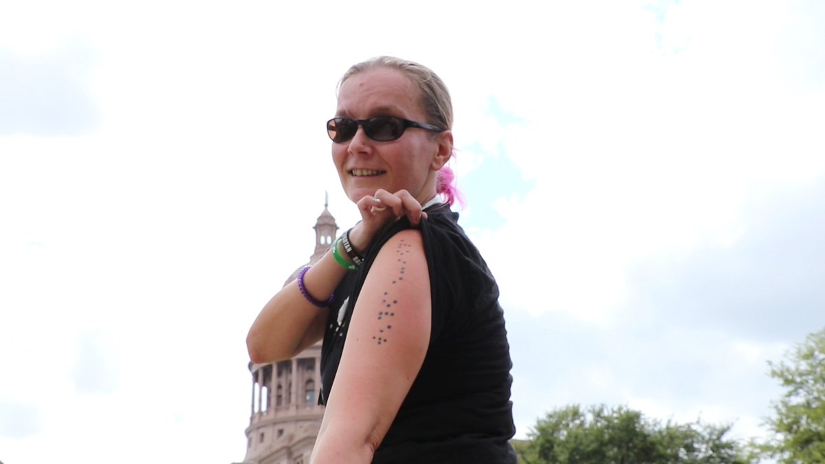 AccessibleMedia's tweet photo. #Accessibility advocate @Unuhinuii streams AMI content from her home in #Austin. Meet her and her #Braille tattoos: https://t.co/jqkMfQBUMk https://t.co/pdz51qFVkB