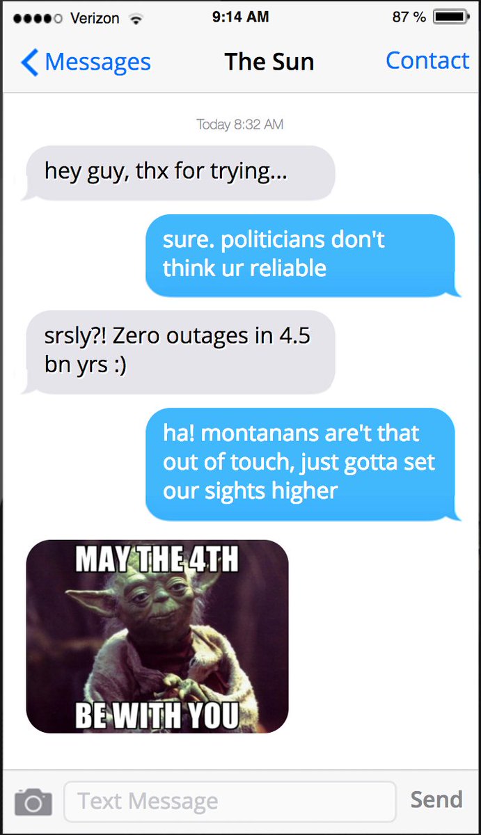 solarguyMT's tweet photo. Got a txt from the sun today... #MayThe4thBeWithYou #solarjobs #energyfreedom https://t.co/nBhqlbZ8wo