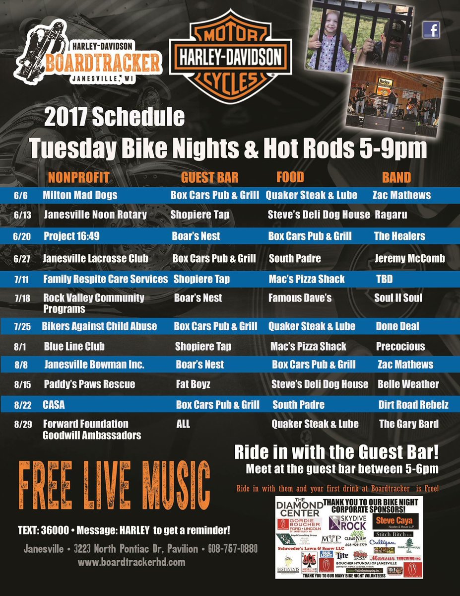 BoardtrackerHD's tweet photo. Here is the 2017 Bike Nights &amp; Hot Rods Schedule! Mark your calendars and support great Non-profits!🗓🎉 https://t.co/RyMItW6I4R