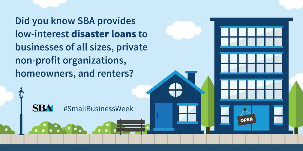 SBAgov's tweet photo. SBA is here to help you recover from &amp; prepare for a disaster. Visit https://t.co/8wwqu1RcB6 for loan &amp; resource info. #SmallBusinessWeek https://t.co/MdOjDnrDH1