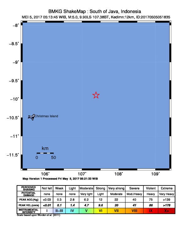 InaTEWS's tweet photo. Info Gempa M:5.0, 05-May-17 05:13:45 WIB, Lok:9.90 LS,107.38 BT (263 km BaratDaya KAB-TASIKMALAYA-JABAR), Ked:12 Km https://t.co/FvSr6EY4EL