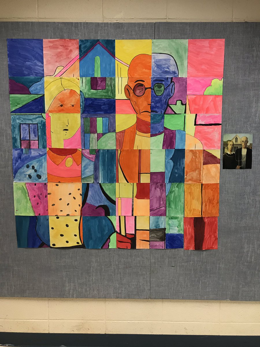ArtKST's tweet photo. 5th grd finished a "secret" collab mural. They didnt know the final image until the end. WarmCool color schemes https://t.co/0VcJYbBxcc