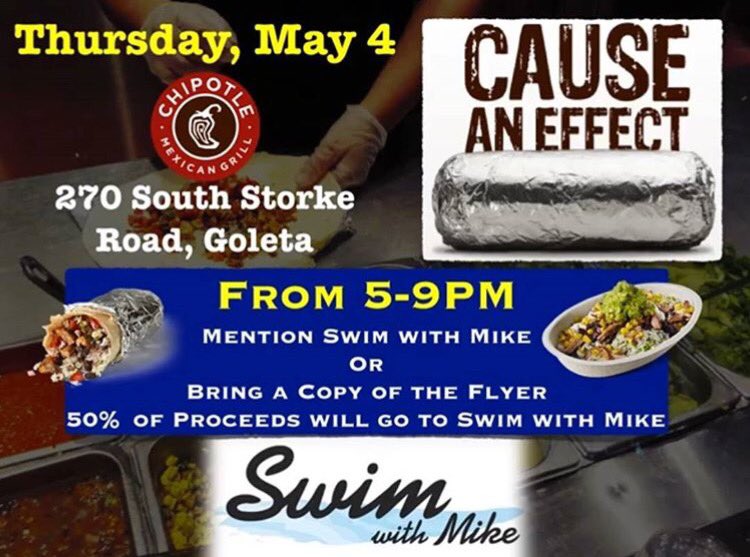 gauchosSWM's tweet photo. Today's the day everyone! Head on over to Chipotle in Goleta for dinner tonight from 5-9! 50% of all proceeds go toward Swim with Mike!! 🌯💙 https://t.co/E0el3XmxFY