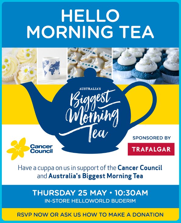 HWBuderim's tweet photo. Join us at helloworld Buderim for our #BiggestMorningTea or donate online to help us reach our fundraising goal!☕️🍰🍩
https://t.co/VNQ2njpVZZ https://t.co/6dkWaIoohL