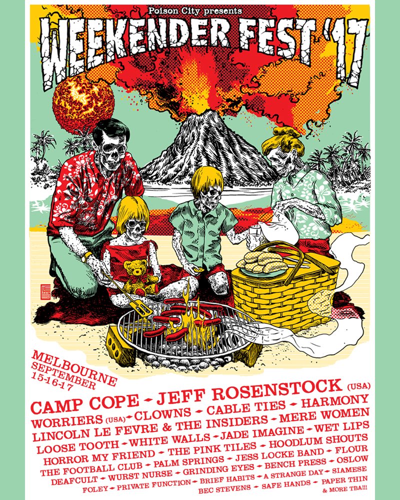 WeekenderFest's tweet photo. Weekender Fest '17 is go! Camp Cope @jeffrosenstock Worriers @Clownsband Cable Ties @mere_women @loosetoothband @FootyClubBand Tix May 8 ⚡️ https://t.co/XaA2N38cil